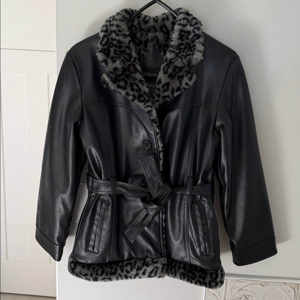 Outbrook - Girls faux leather jacket with animal print lining‎ size 10-12 Belted